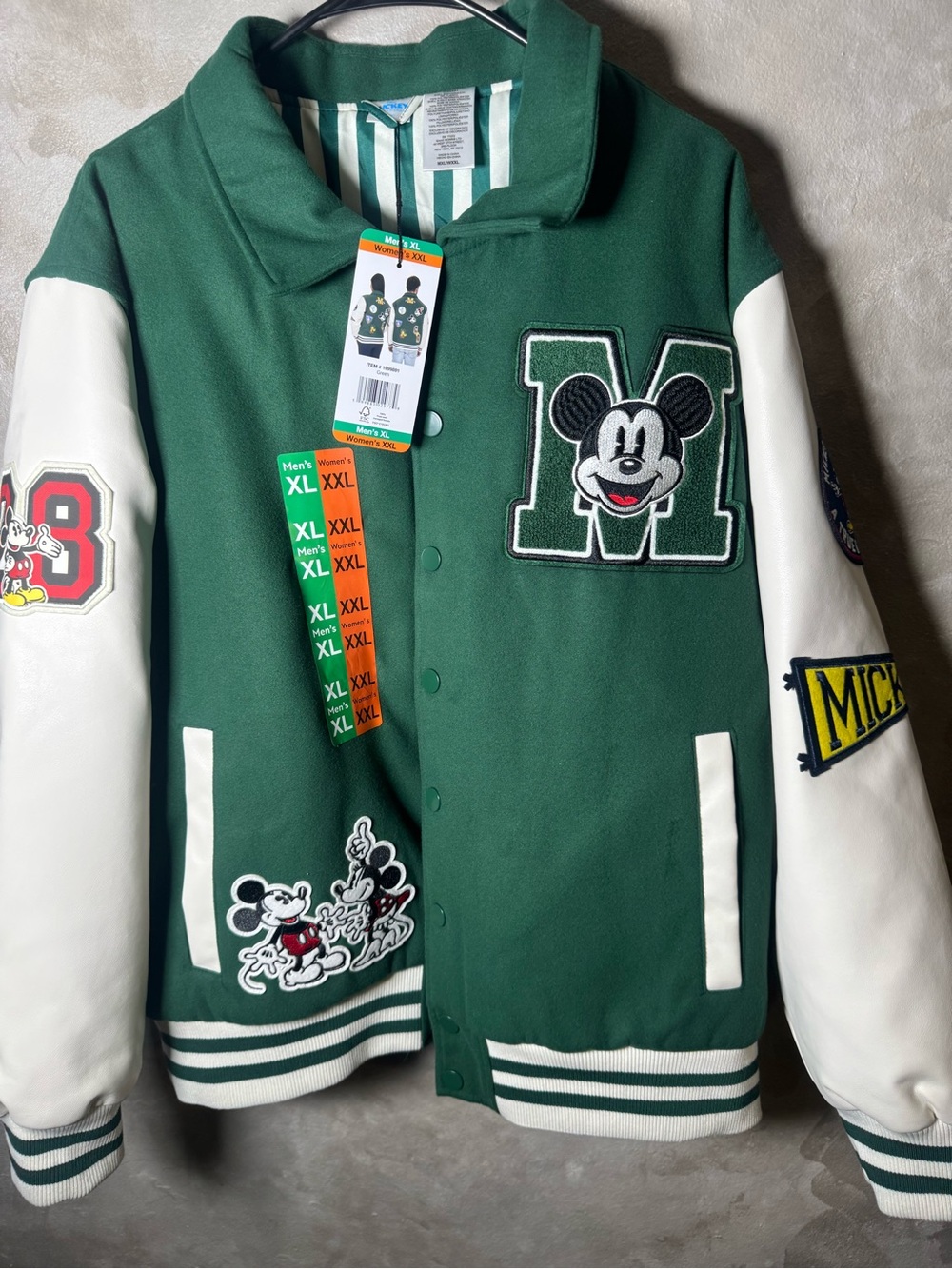 Disney Mickey & Friends Varsity Jacket Green White Unisex Men’s XL NWT